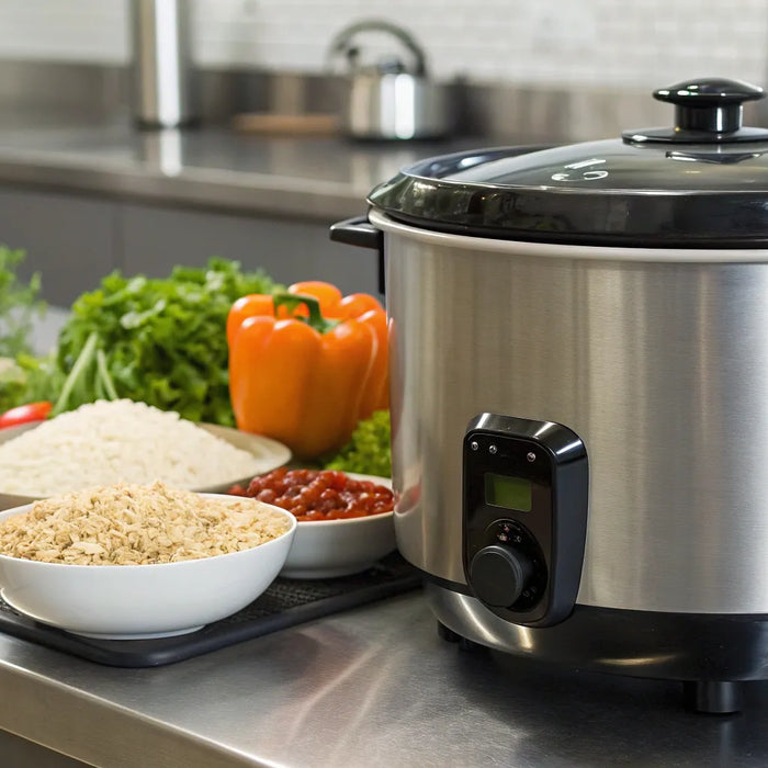 Commercial rice cooker in a restaurant kitchen.
