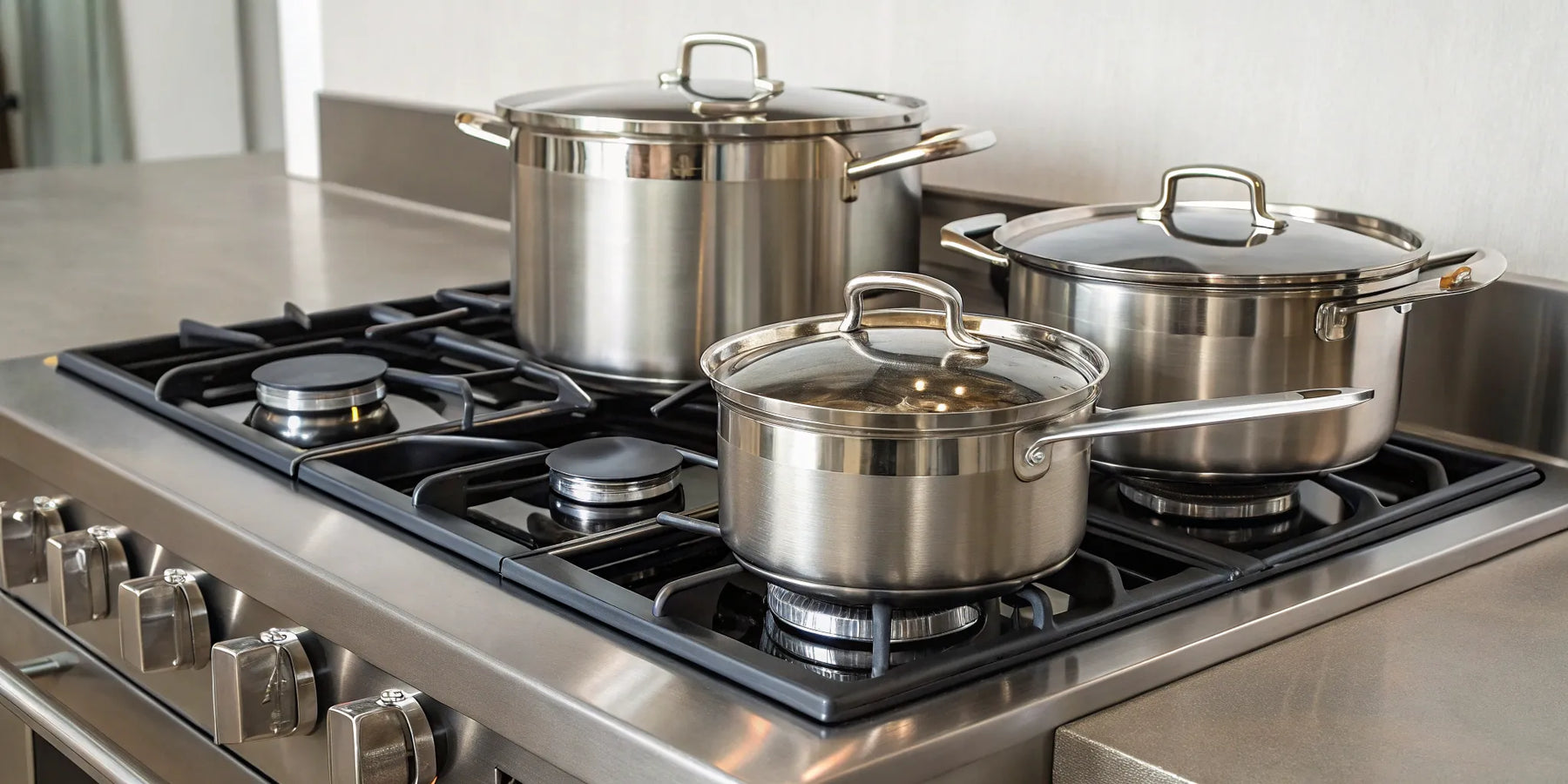 Commercial gas stove with stainless steel pots.