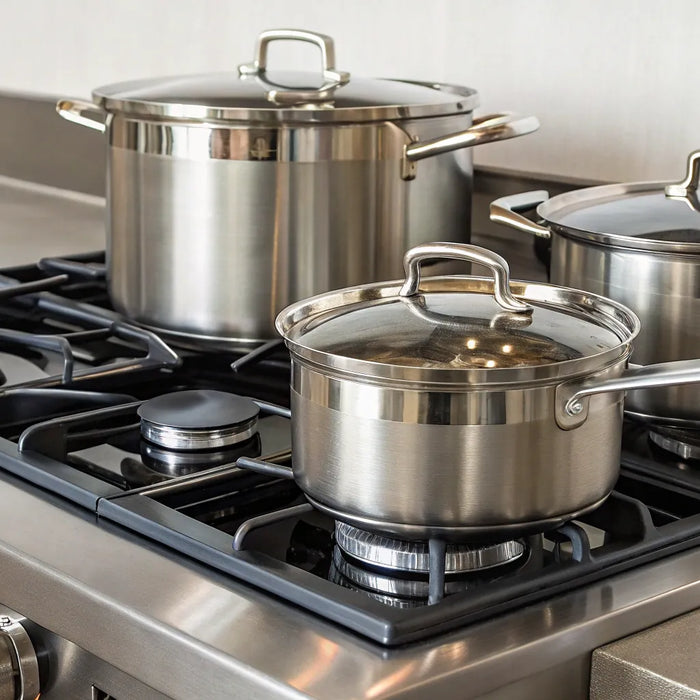 Commercial gas stove with stainless steel pots.