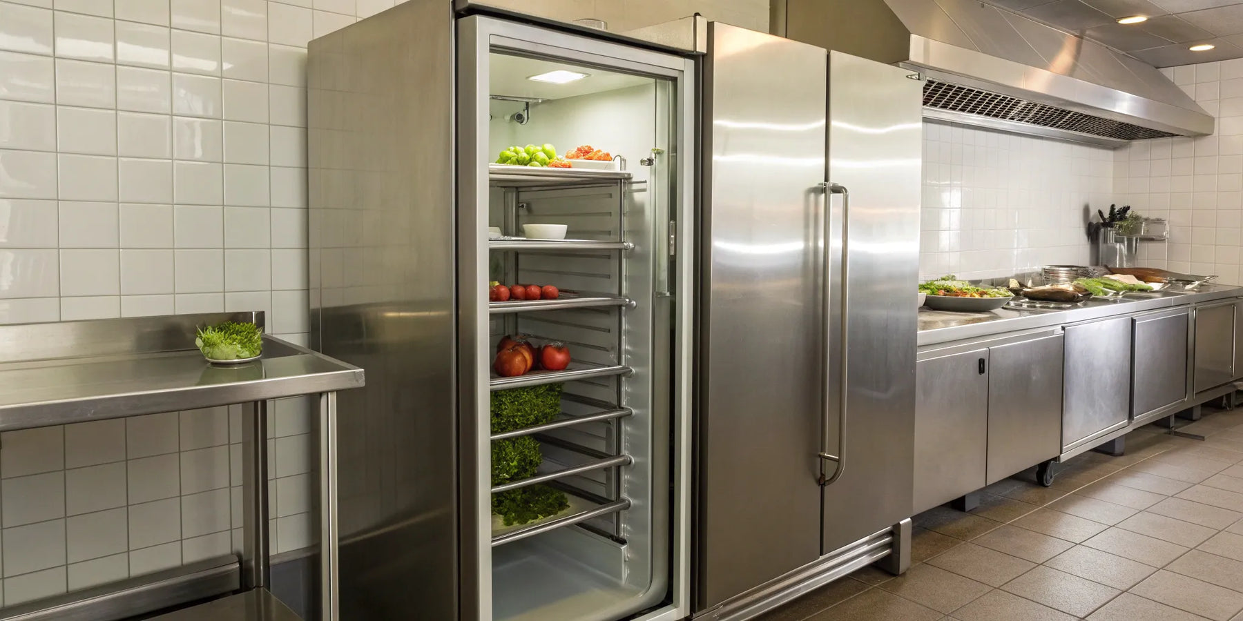 A commercial upright refrigerator stocked with fresh ingredients in a professional kitchen.