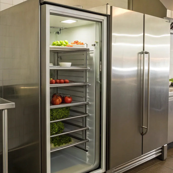 A commercial upright refrigerator stocked with fresh ingredients in a professional kitchen.