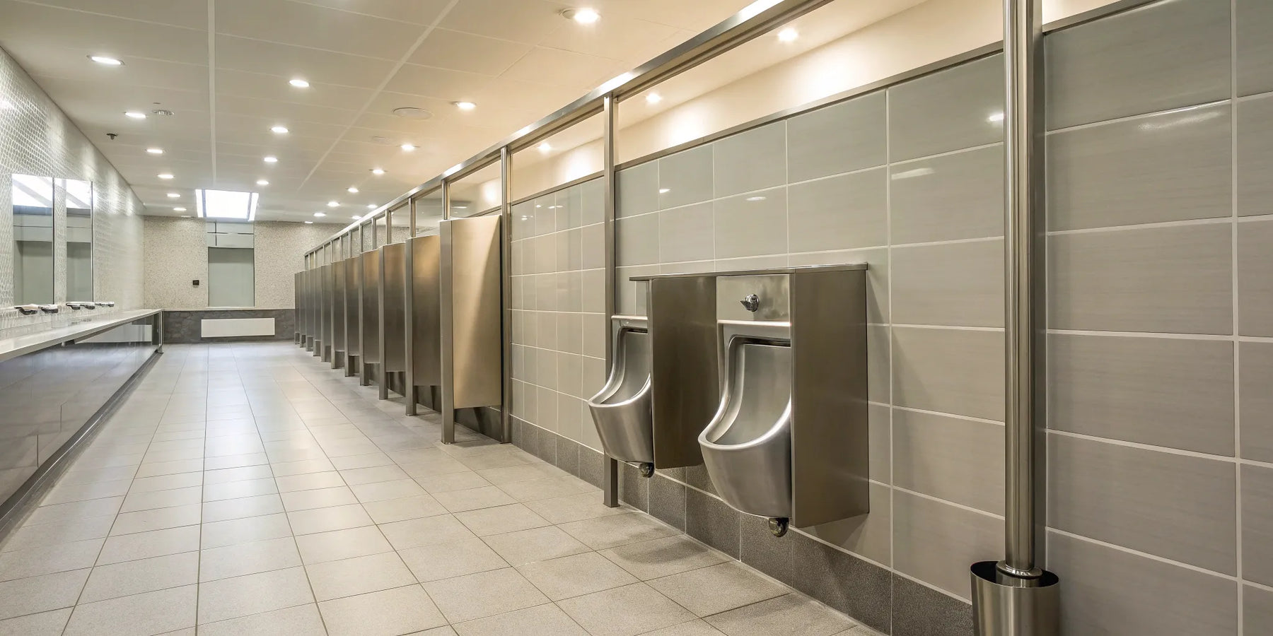 A row of wall-mounted stainless steel urinals in a modern commercial restroom.