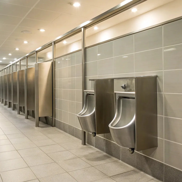 A row of wall-mounted stainless steel urinals in a modern commercial restroom.