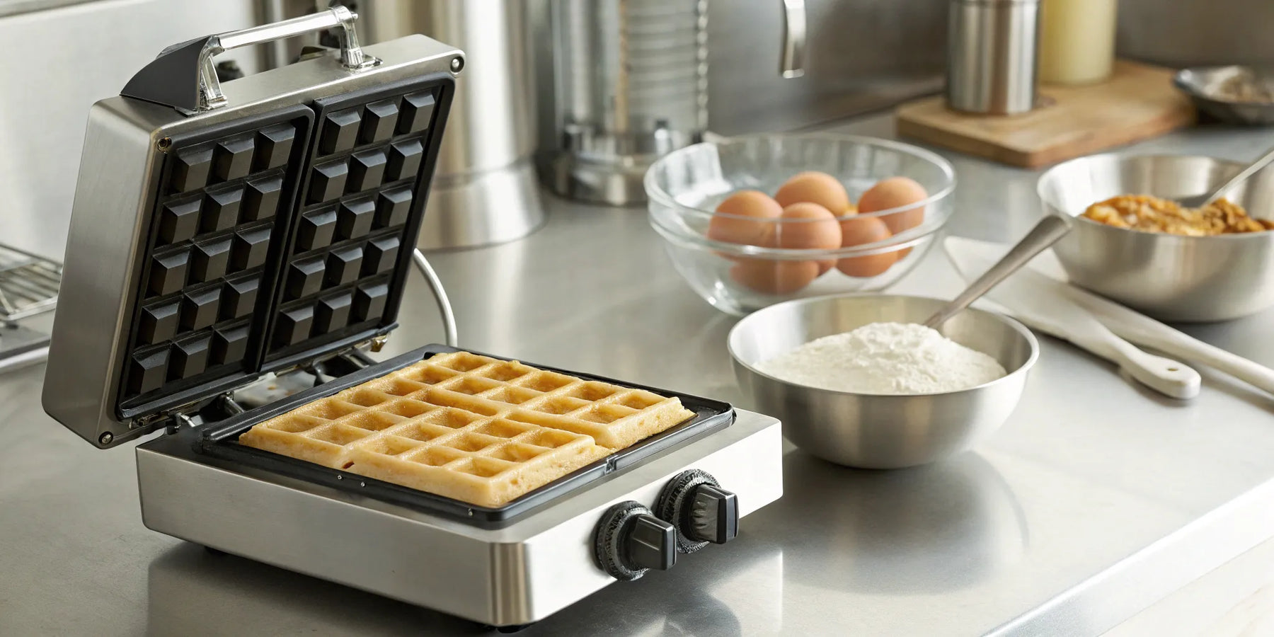 Commercial waffle maker with golden waffle.