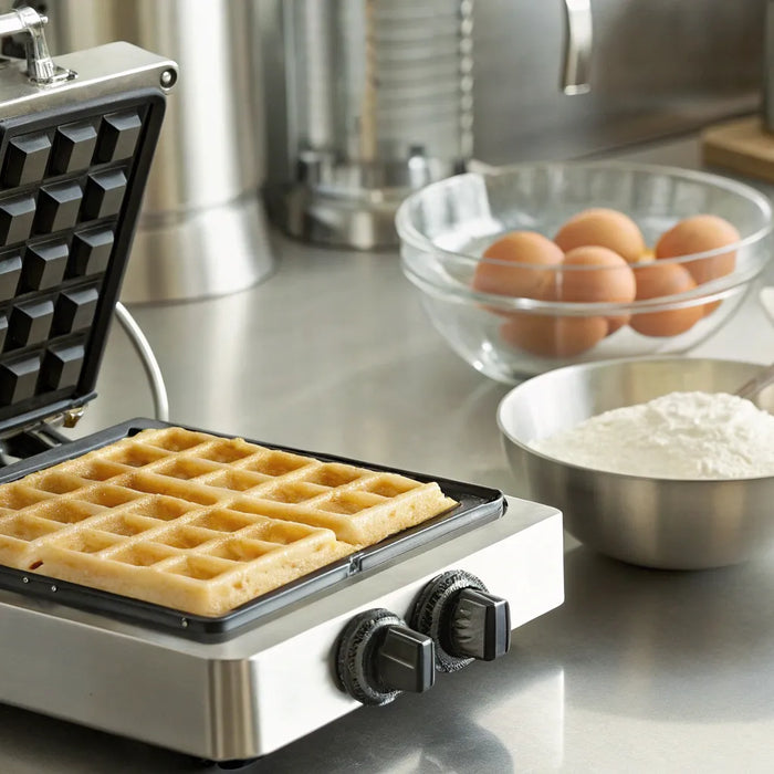 Commercial waffle maker with golden waffle.