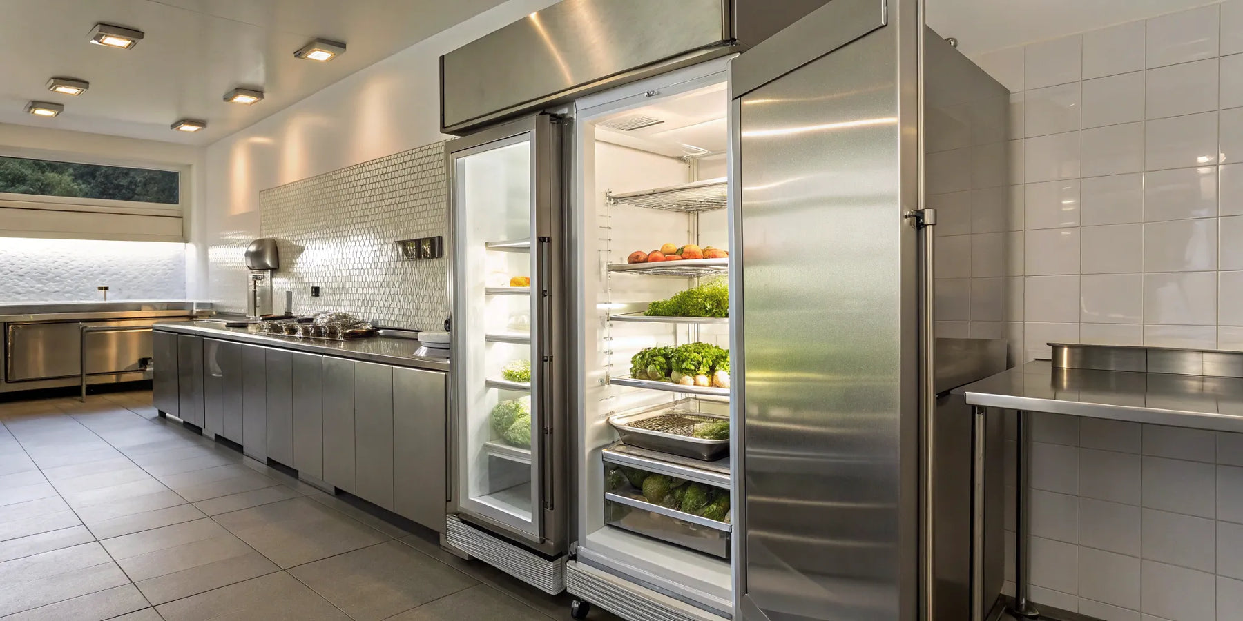 46RB refrigerator with stainless steel door open, displaying organized produce.