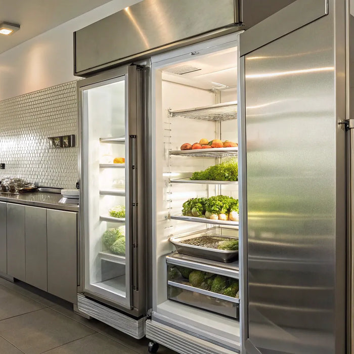 46RB refrigerator with stainless steel door open, displaying organized produce.