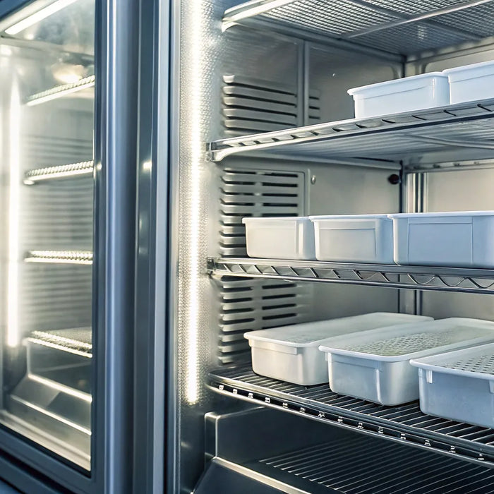 A commercial freezer, with a breakdown of the costs for a new freezer compressor.