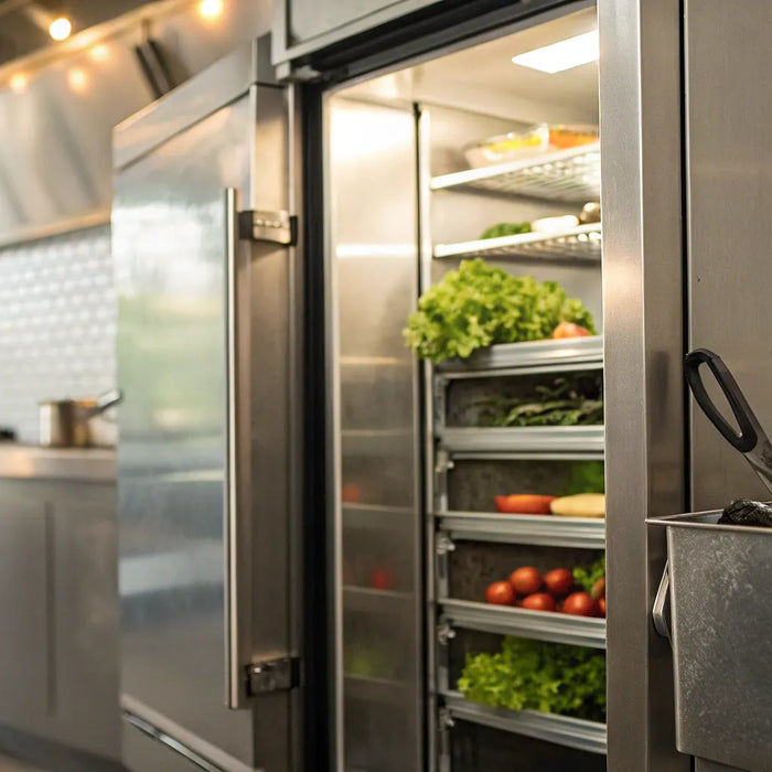 A commercial kitchen's Continental refrigerator with its door open for a maintenance check.