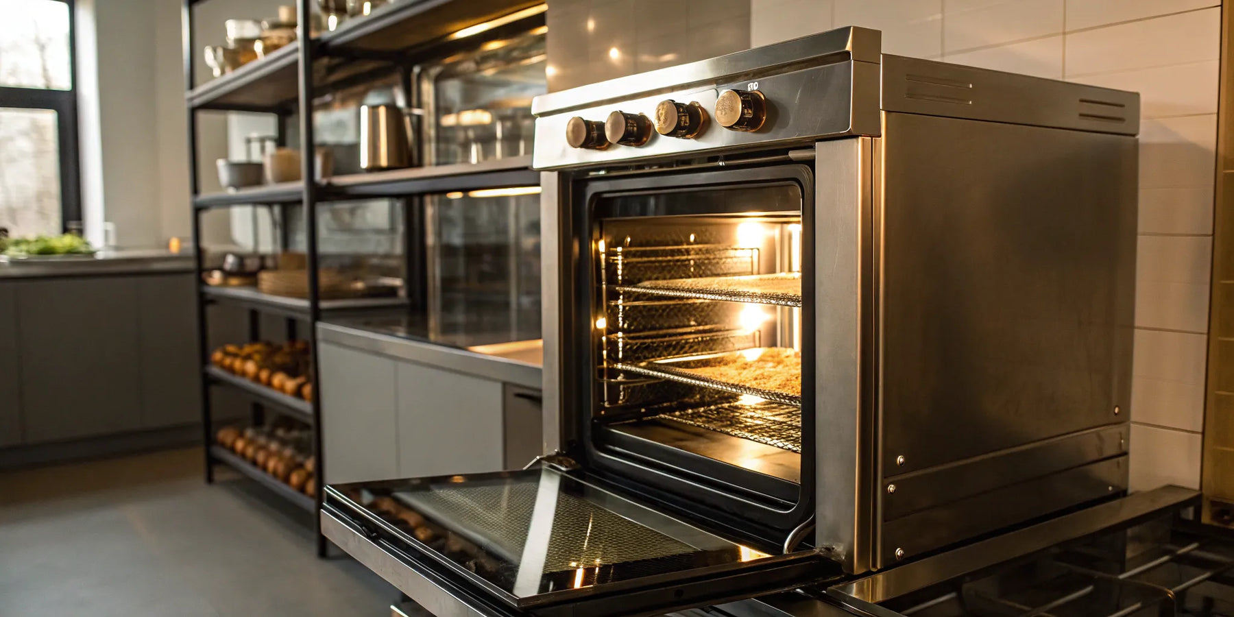 Convection oven with open door, showing interior racks and controls.