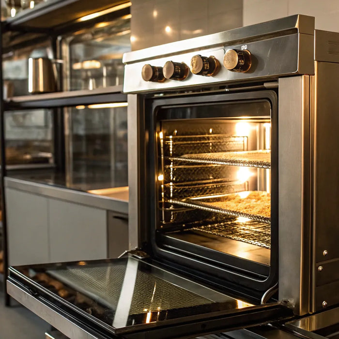 Convection oven with open door, showing interior racks and controls.