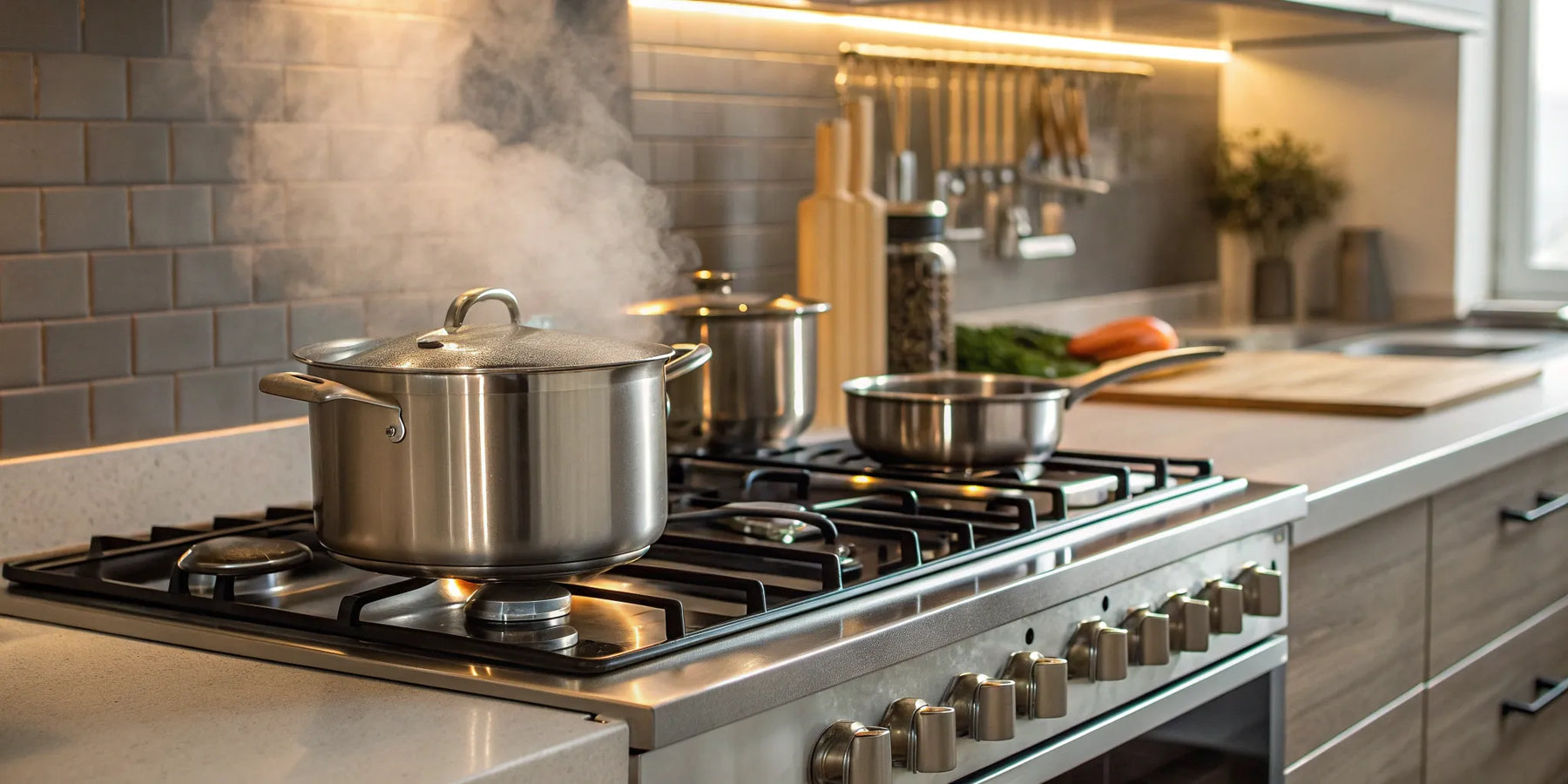 Stainless steel pots actively cooking on a modern convection stove.