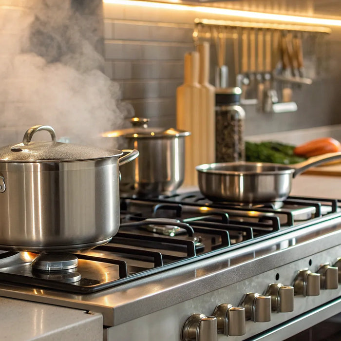Stainless steel pots actively cooking on a modern convection stove.