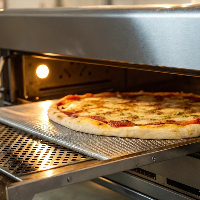 Conveyor pizza oven baking pizza.