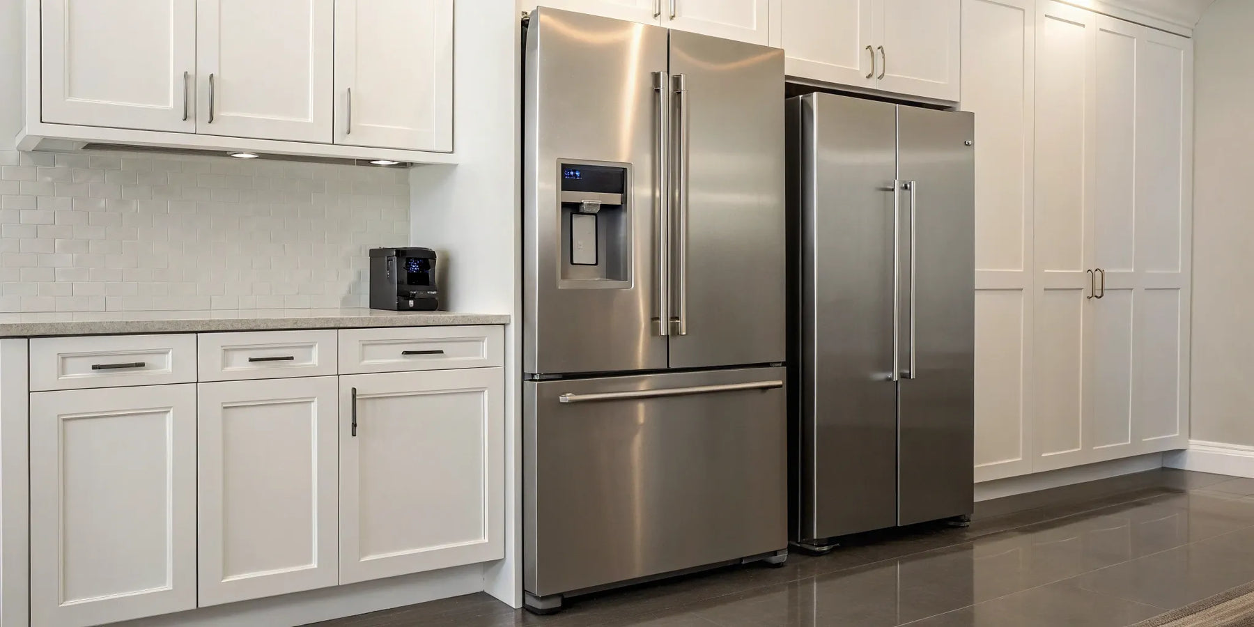 Stainless steel counter fridge in a modern kitchen.