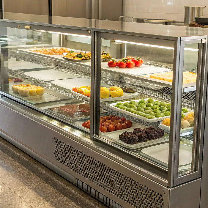Countertop display refrigerator with adjustable shelves.