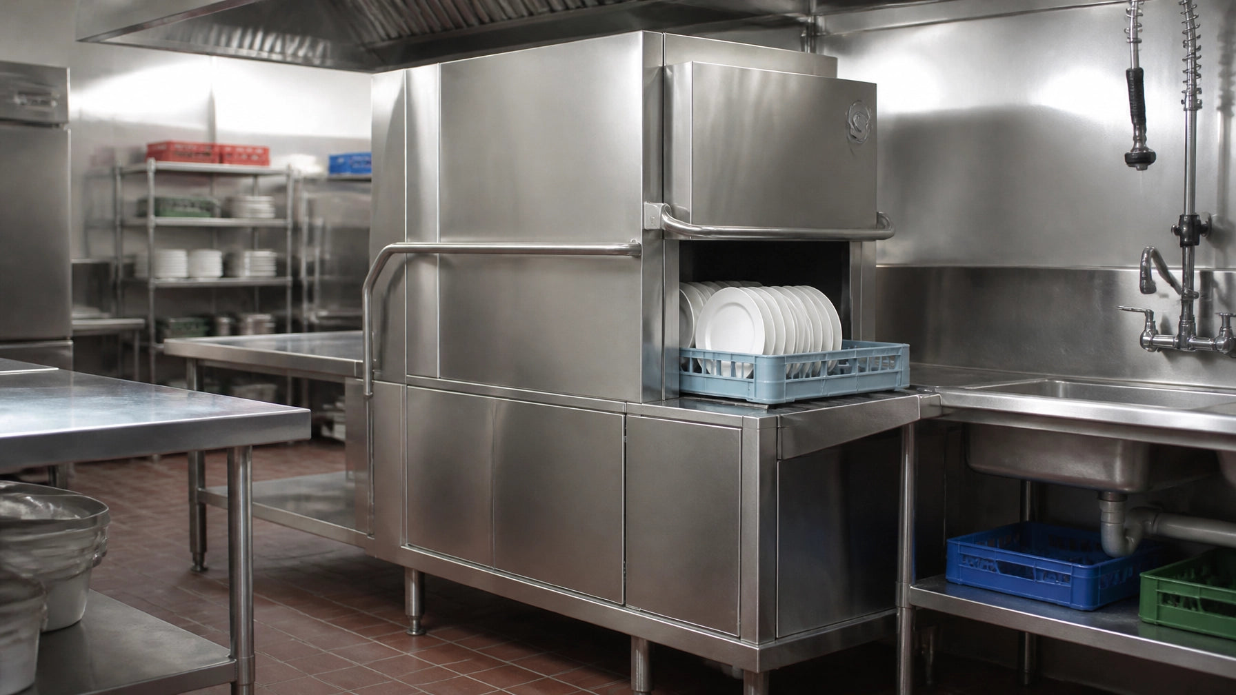 Commercial dishwasher buying guide - stainless steel units in a restaurant kitchen