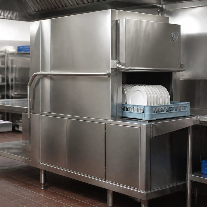 Commercial dishwasher buying guide - stainless steel units in a restaurant kitchen
