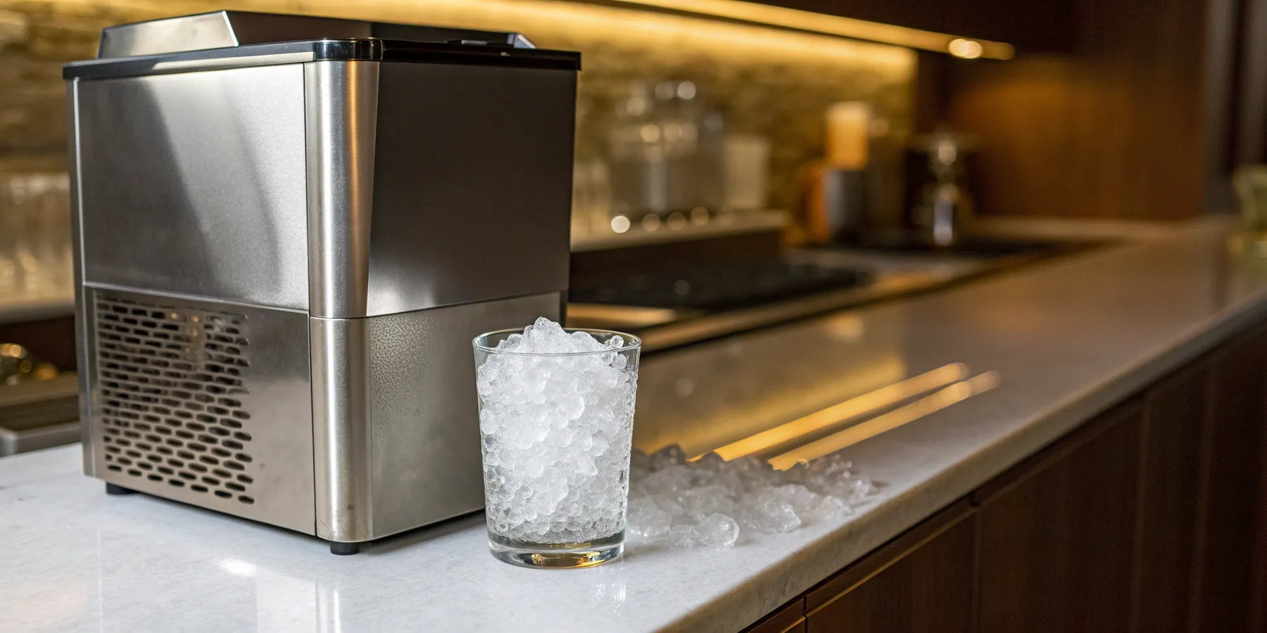 A commercial crushed ice maker on a counter with a glass of crushed ice for a restaurant.