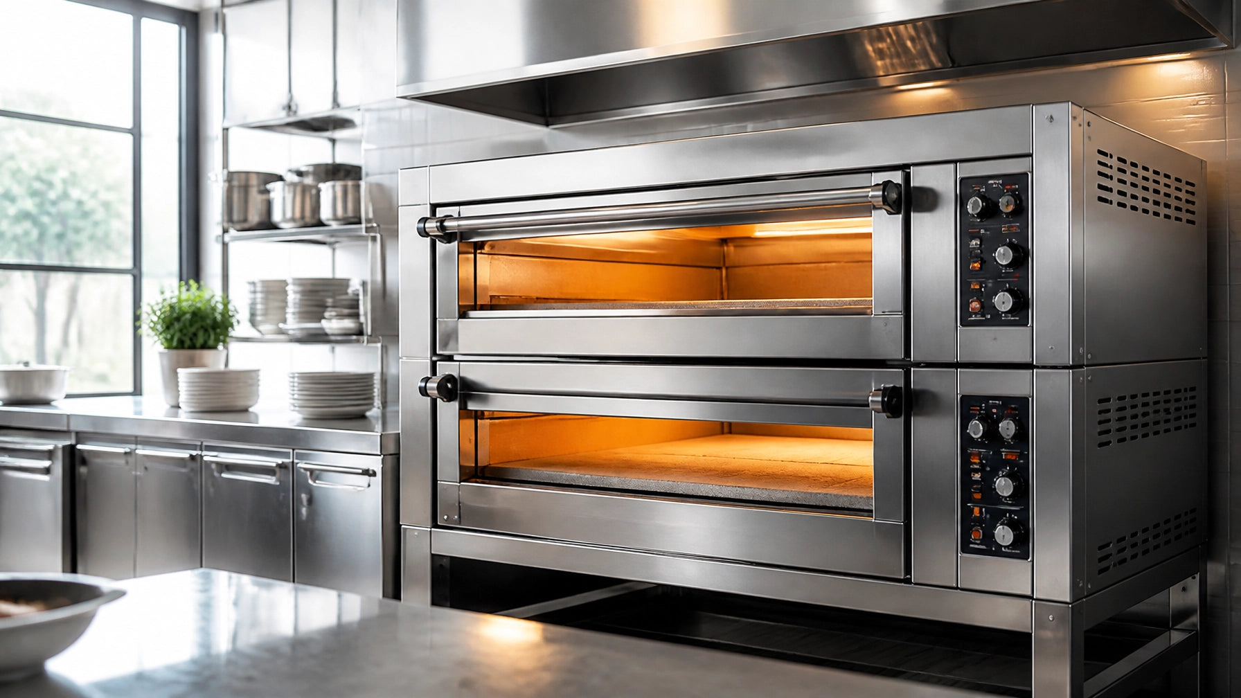 Commercial stainless steel deck oven loaded with artisan bread loaves and pizza in a production bakery