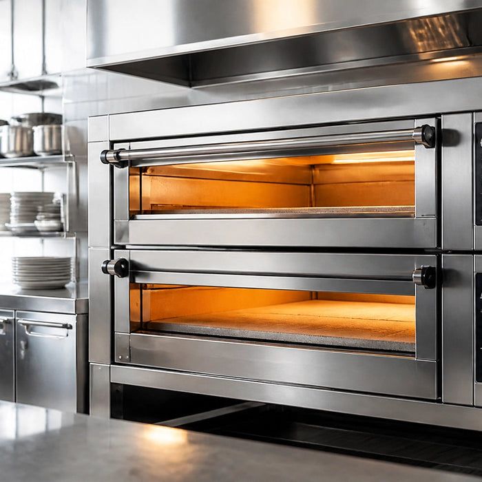 Commercial stainless steel deck oven loaded with artisan bread loaves and pizza in a production bakery