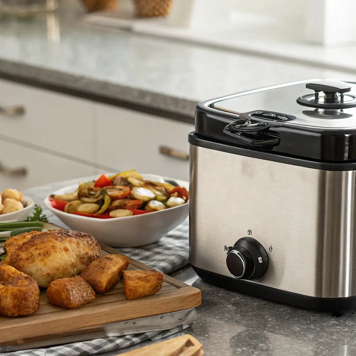 Deep fryer on counter.
