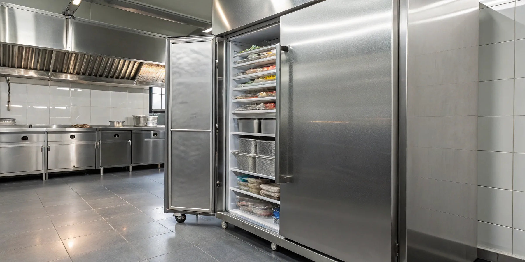 Deep freezer with open door displaying organized frozen food.