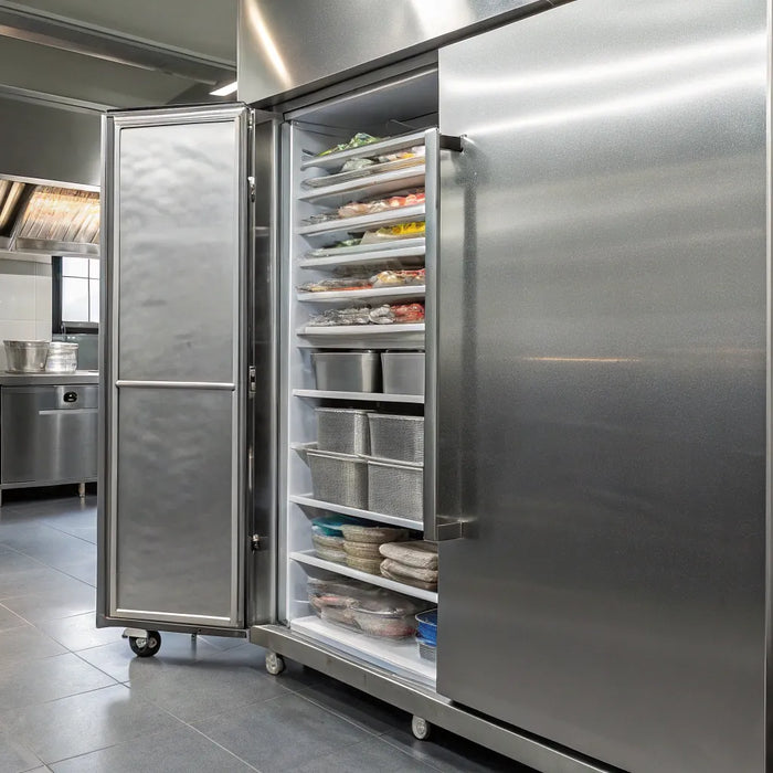 Deep freezer with open door displaying organized frozen food.