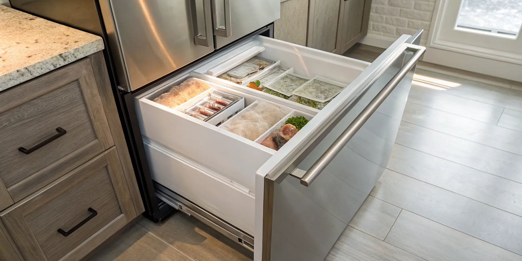 Deep freezer with organized frozen food.