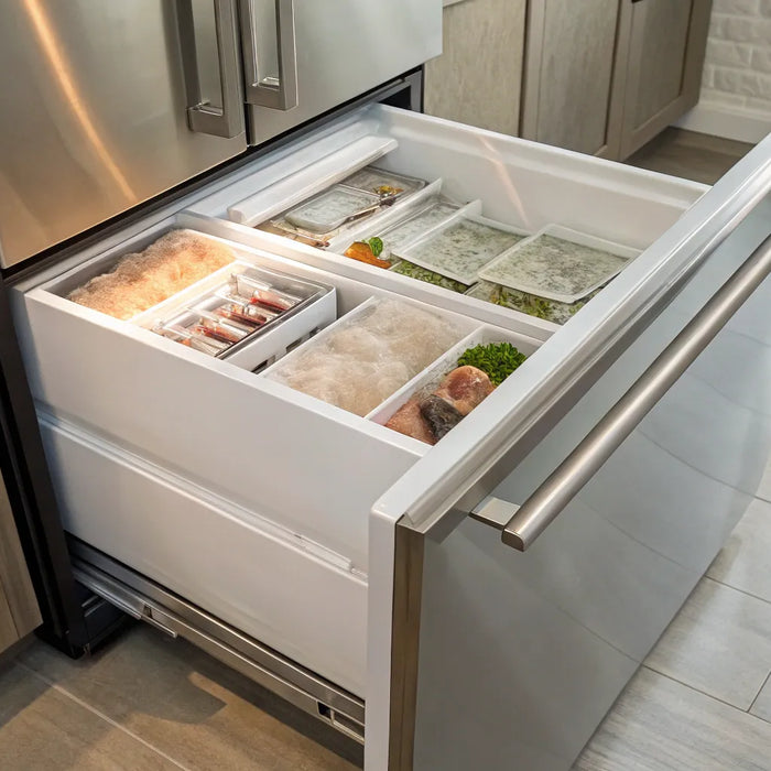 Deep freezer with organized frozen food.