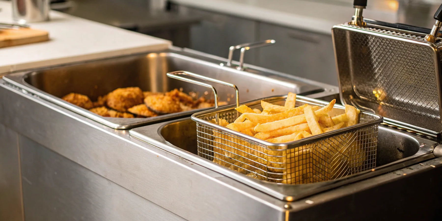 Deep fryer on sale with crispy fried chicken and golden french fries.