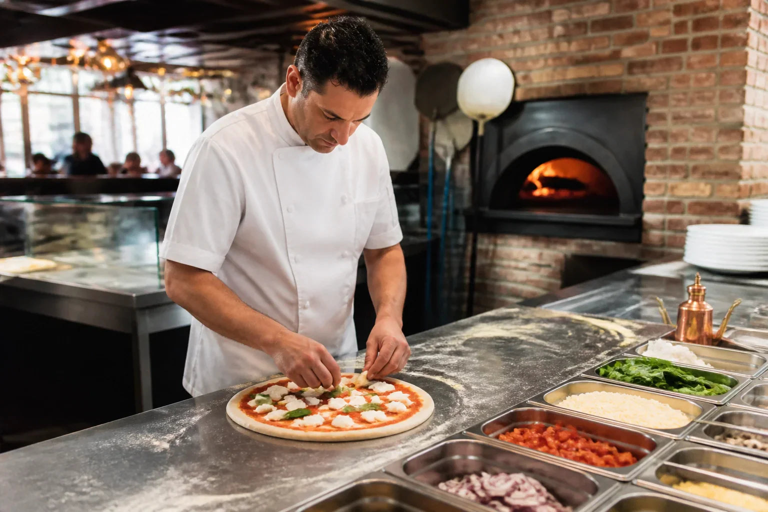 A professional chef expertly assembling a gourmet pizza on a large stainless steel pizza prep table in a busy, modern pizzeria