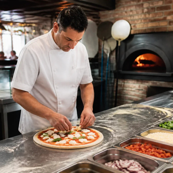 A professional chef expertly assembling a gourmet pizza on a large stainless steel pizza prep table in a busy, modern pizzeria