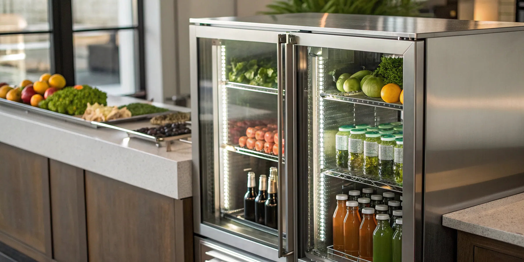 A glass door display cooler stocked with beverages and produce for a foodservice business.
