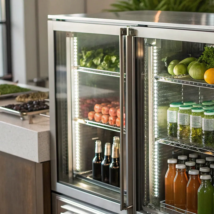 A glass door display cooler stocked with beverages and produce for a foodservice business.