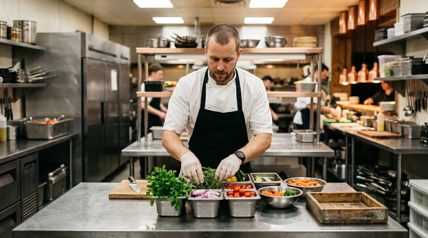 Precision in every prep. A chef works their magic on a durable stainless steel station, surrounded by the industrial-grade equipment that keeps The Restaurant Warehouse kitchens running fast and fresh.