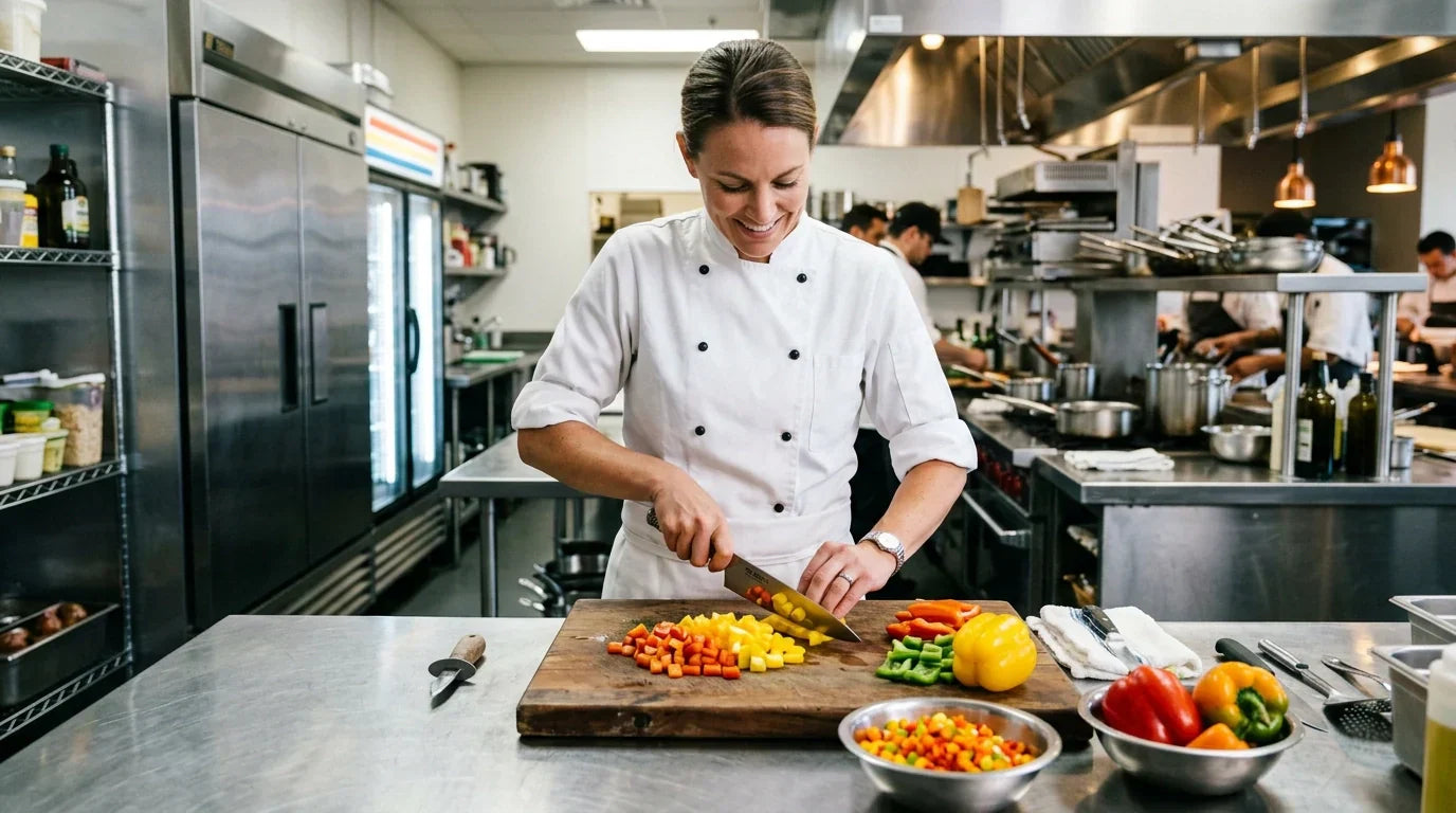 A professional chef dicing vegetables in a San Diego kitchen