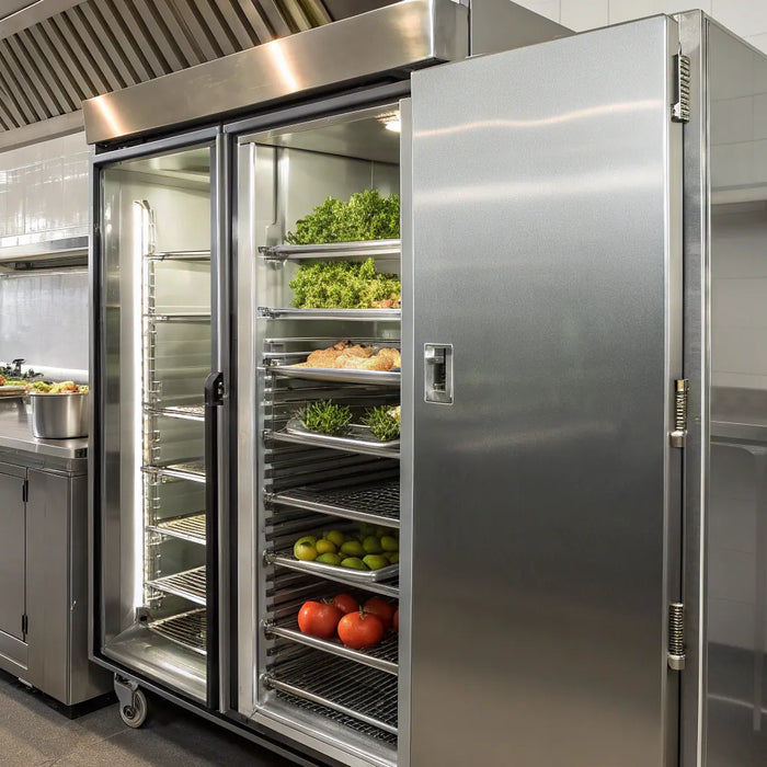 Dukers commercial refrigerator in stainless steel, stocked with fresh produce for a busy kitchen.