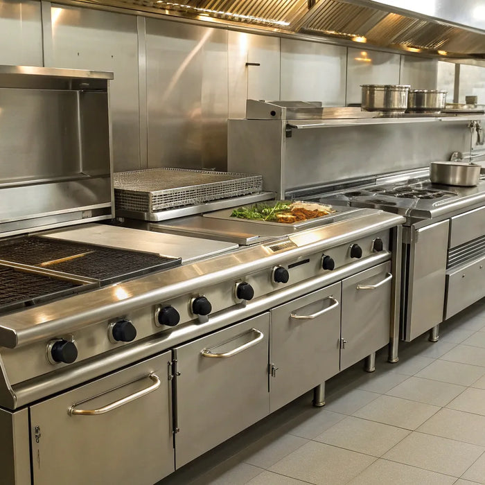 Durham restaurant equipment like stainless steel prep tables and stoves in a commercial kitchen.