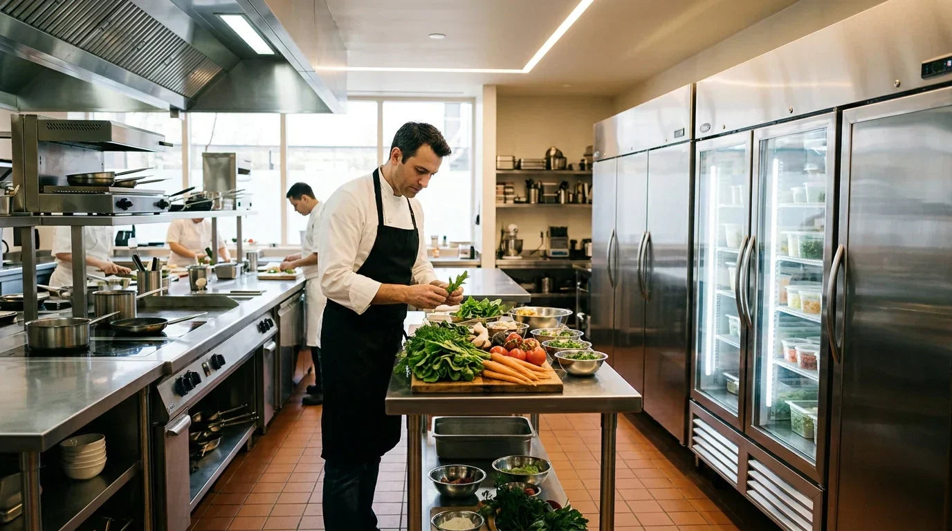 A professional chef in a Michelin-star kitchen standing near gleaming True commercial refrigerators.