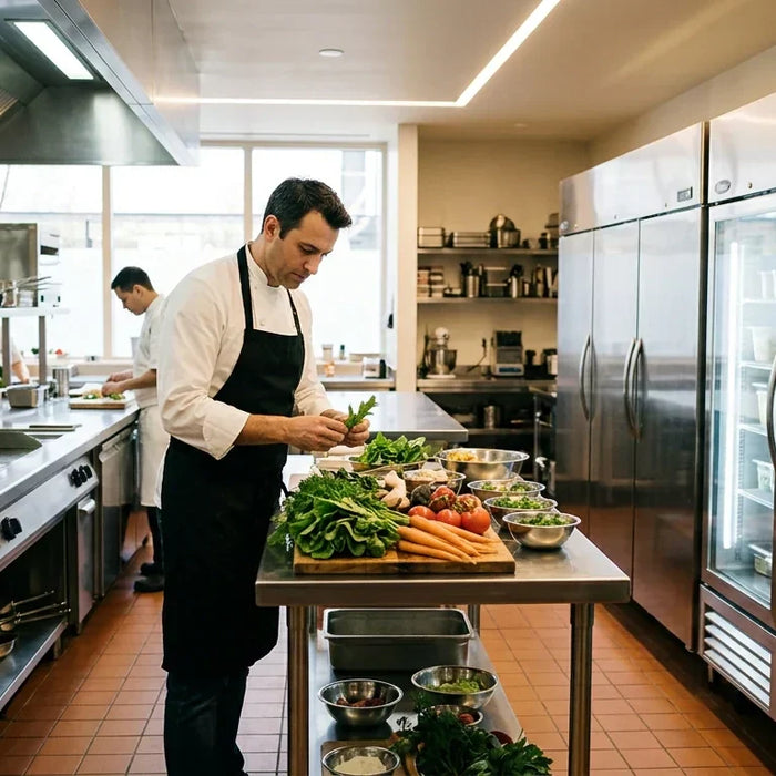 A professional chef in a Michelin-star kitchen standing near gleaming True commercial refrigerators.
