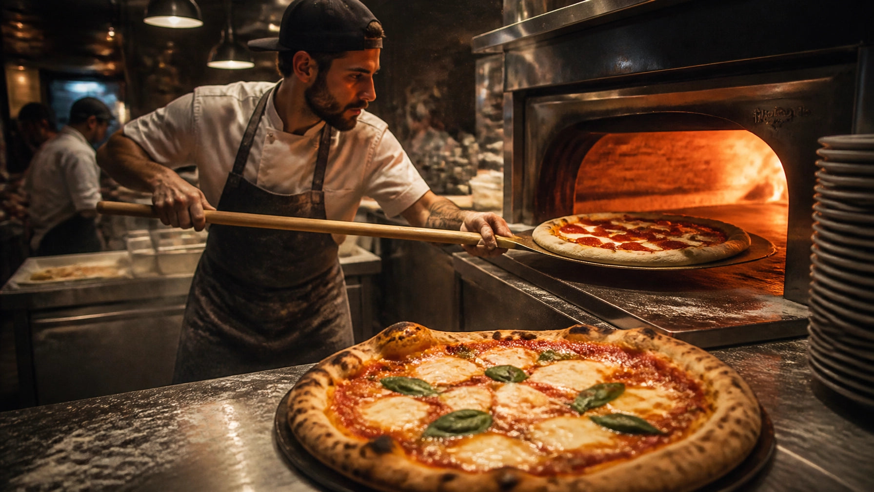 Commercial pizza oven in a restaurant pizzeria showing deck oven loaded with pies for buyer's guide