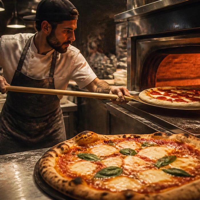 Commercial pizza oven in a restaurant pizzeria showing deck oven loaded with pies for buyer's guide