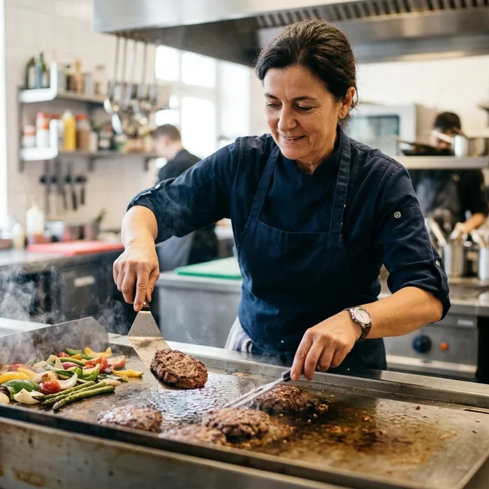 A professional chef cooking on a commercial griddle in a busy kitchen