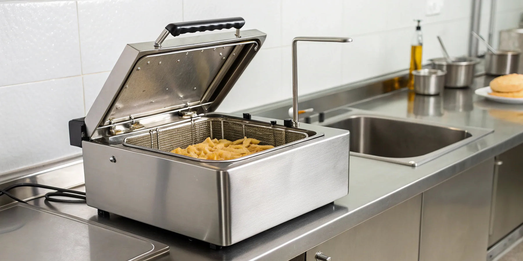 Electric deep fryer with open lid, frying french fries.