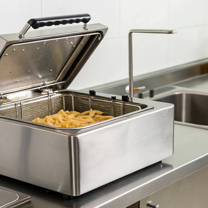 Electric deep fryer with open lid, frying french fries.