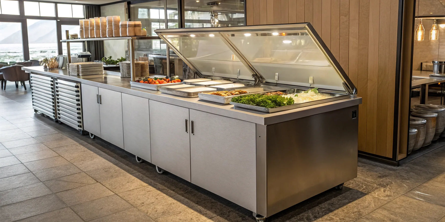 A row of energy-efficient ENERGY STAR chest freezers in a commercial kitchen.
