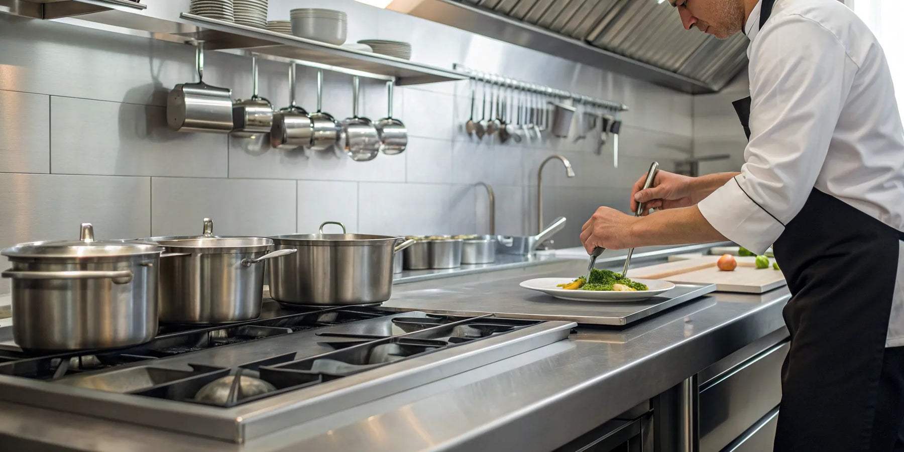 Chef using essential stainless steel restaurant equipment in a commercial kitchen.