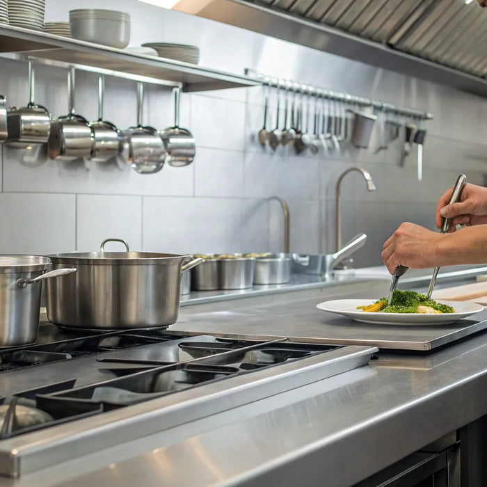 Chef using essential stainless steel restaurant equipment in a commercial kitchen.