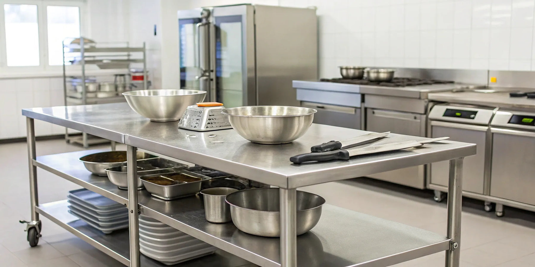 Stainless steel catering prep station with bowls, knives, and shelving.
